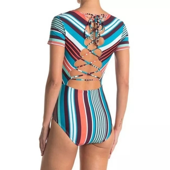 Laundry By Shelli Segal Multicolor Striped Lace Up Back One Piece Swimsuit - Picture 10 of 10